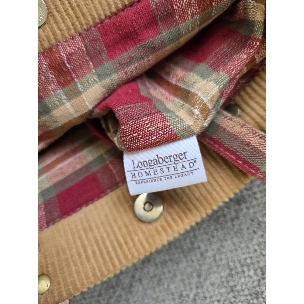 Longaberger Homestead Tan Corduroy‎ Red Plaid Handle Handbag Purse